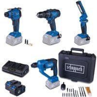 Akku-Aktions-Set AS300 Scheppach - 20V | Bohrhammer | Bohrschrauber | Handkompressor | Arbeitsleuchte | inkl. 4Ah Akku & 2