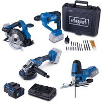 Akku-Aktions-Set AS100 Scheppach - 20V | Stichsäge | Handkreissäge | Winkelschleifer | Bohrhammer | inkl. 2x 4Ah Akku & 4